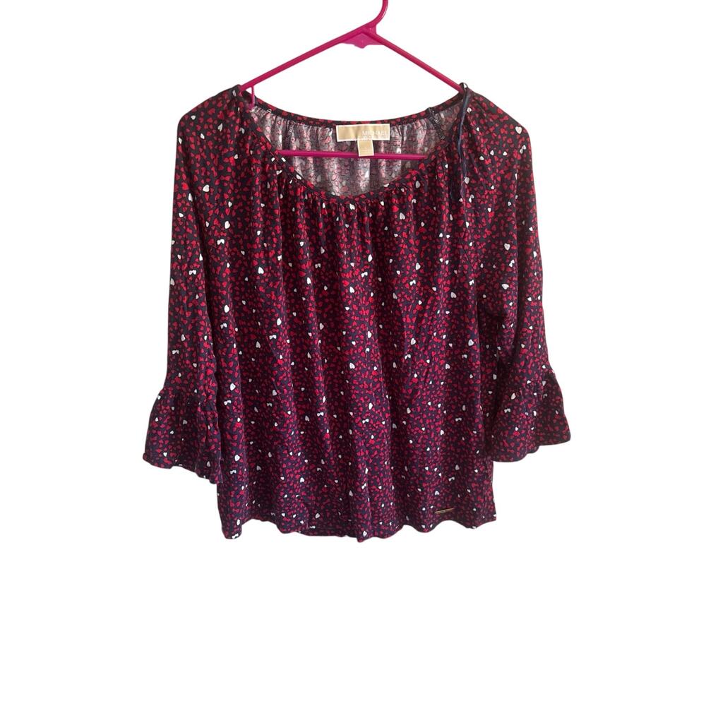 Michael Kors Top Medium Blue Red Hearts Bell Sleeve Blouse Women's size: large
